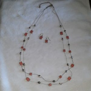 Double stranded orange squares earrings & necklace